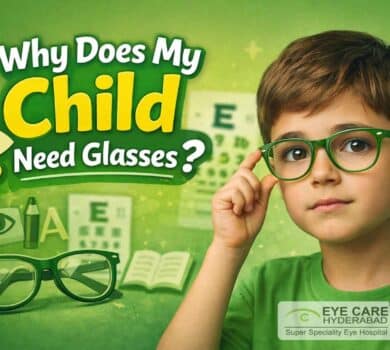 Child wearing prescription glasses during an eye checkup at Eye Care Hyderabad Eye Hospital for vision correction.